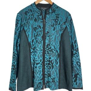 Ming Wang | Turquoise Black Mesh Leopard Lightweight Jacket Artsy Contemporary